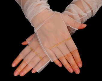 Bedruckte transparente Brauthandschuhe - Custom Gloves Sheer Fingerless - Fingerlose Tüllhandschuhe, zu haben und zu halten Versprechen