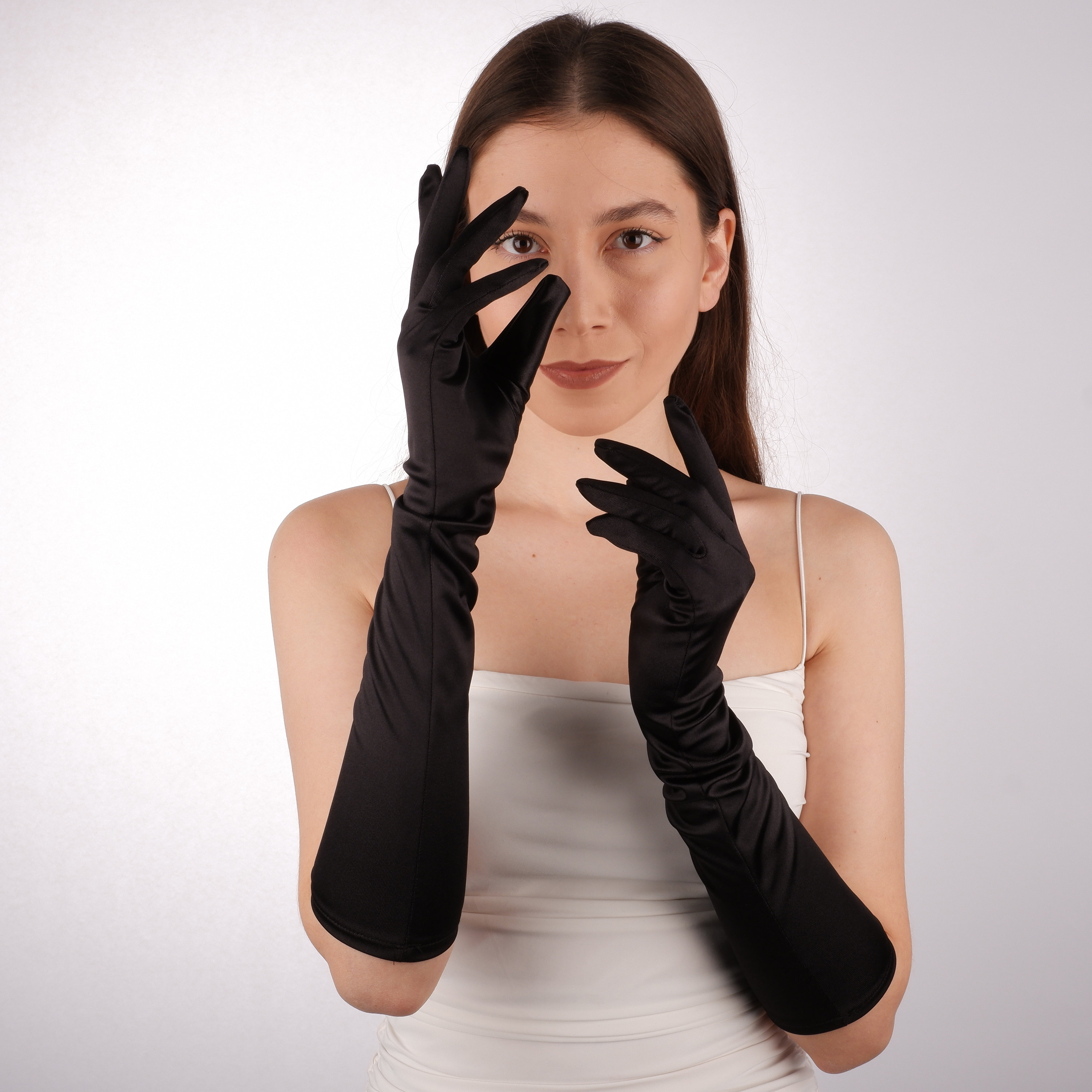 Long black satin gloves discount