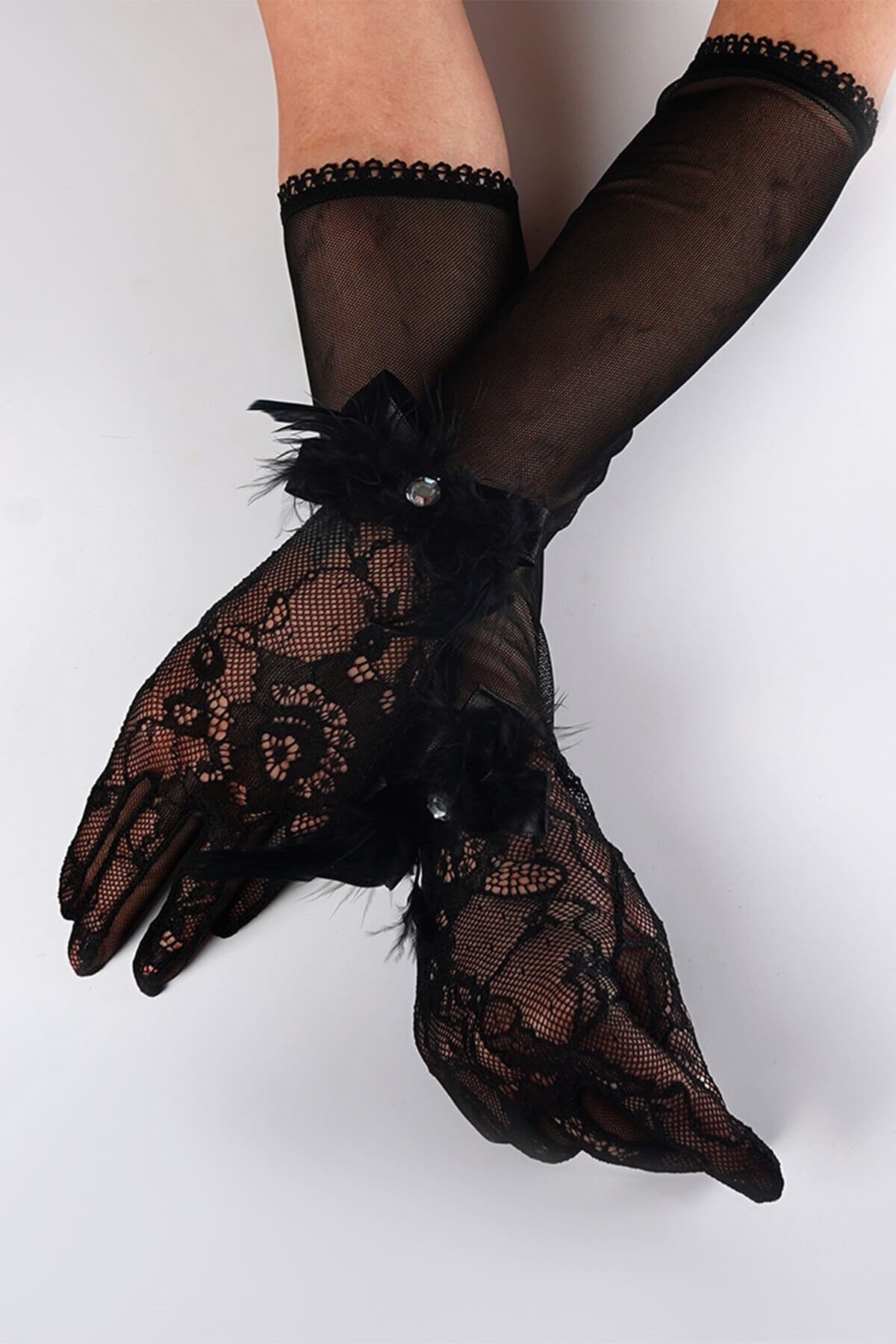 Bridal Glove With Black Lace And Feather Detailing Bride Etsy