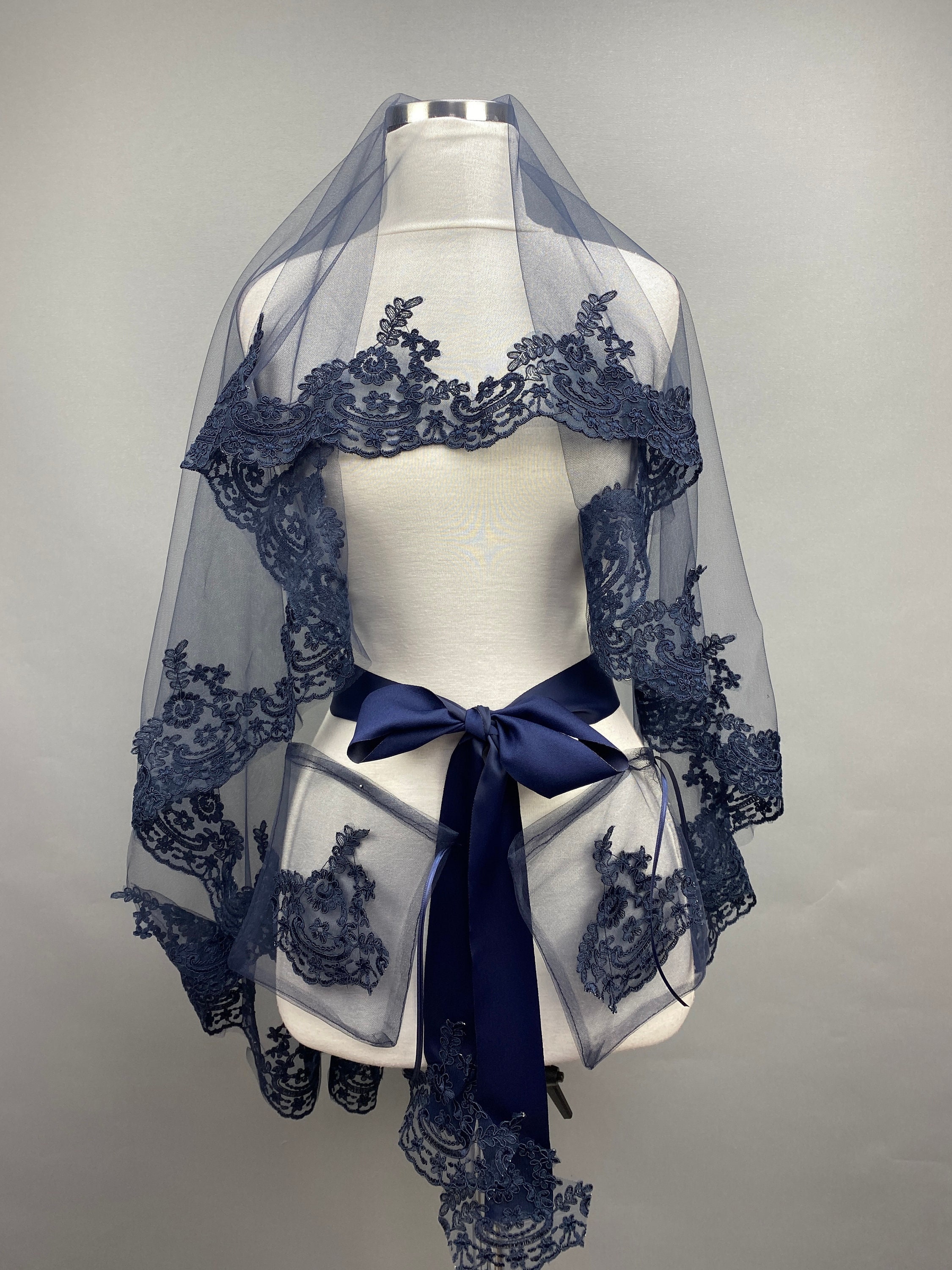Shoulder Length Navy Veil with Antique Gems Navy Blue Chapel Veil - Etsy main image 2