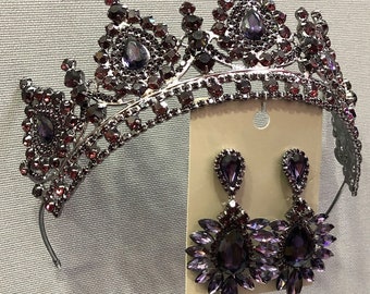 Violet Cristal Pierre Métal Cas Henné, Diadème De Mariée Et Boucles D'oreilles Ensemble Mariage, Couronne De Fleurs, Accessoire De Cheveux, Cérémonie, Couronne, Couronne De La Reine