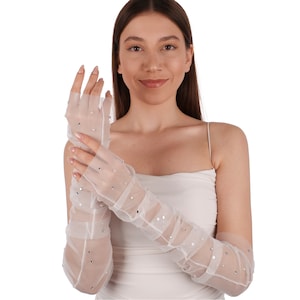 White pearl - stone Long Gloves, Event Gloves, Long gloves, pearl gloves, long tulle gloves, White lace gloves, stone gloves, gloves