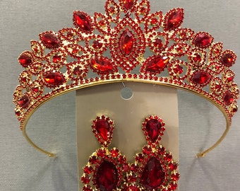 Ruby Crystal Glass Stone Gold Bridal Tiara And Earring Set Wedding, Flowering Crown, Hair Accessory, Ceremony, Crown, Queen's Crown, Princes