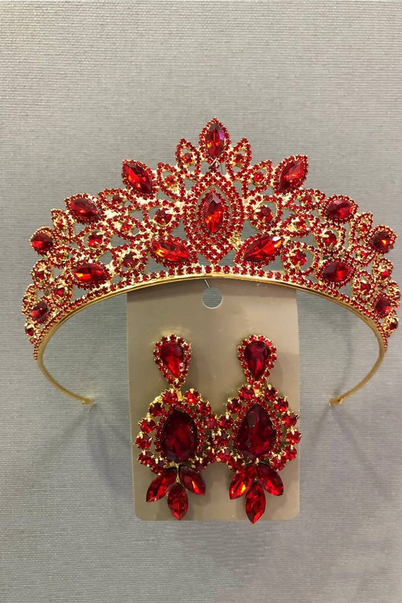 Ruby Crystal Gold Bridal Tiara and Earring Set - Etsy