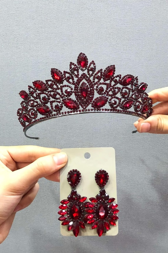 Crown Red Burgundy with matching earrings. La Catrina Earrings: Sacred Heart, Burgundy Red, Día De Los  main image 3