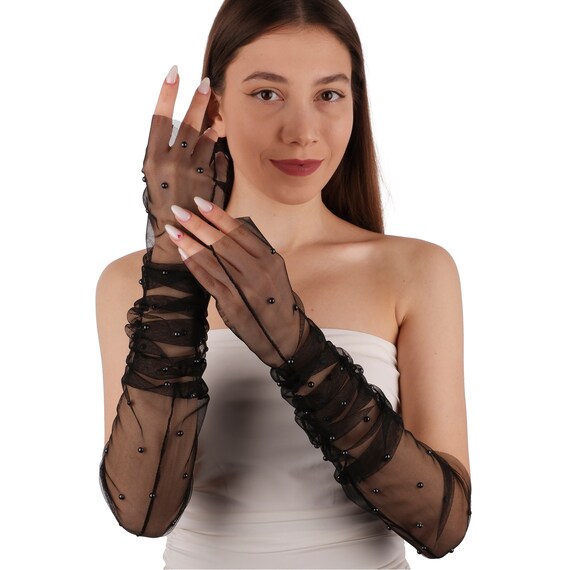 Schwarze Tll Handschuhe mit Perlen - Ellenbogenlange Event Handschuhe -  Etsy.de