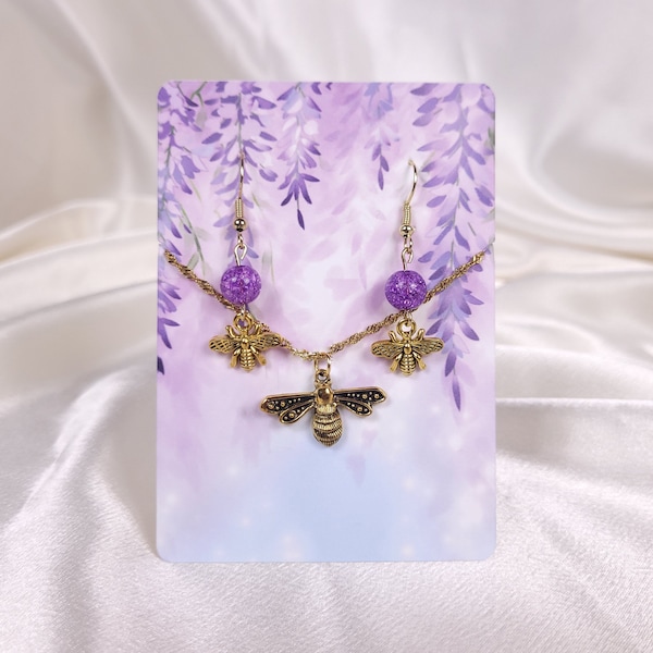 Bee Bridgerton Inspired Jewelry Set, Wisteria, Bee Lavender Earrings, Gold Bee Necklace, Regency earrings , booktok jewelry, Bridgerton gift