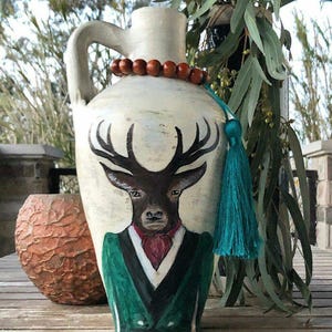Animal portraits, bohemian decor, bohemian home, decorative vase, hand painted terra cotta, deer, decorative deer