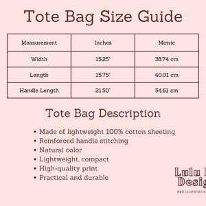 May include: A size guide for a tote bag, with measurements in inches and centimeters. The bag is 15.25 inches (38.74 cm) wide, 15.75 inches (40.01 cm) long, and has a handle length of 21.50 inches (54.61 cm). The description highlights lightweight cotton sheeting, reinforced stitching, and a natural color.
