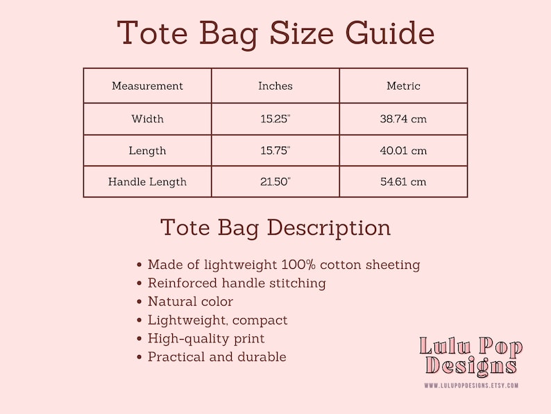 May include: A size guide for a tote bag, with measurements in inches and centimeters. The bag is 15.25 inches (38.74 cm) wide, 15.75 inches (40.01 cm) long, and has a handle length of 21.50 inches (54.61 cm). The description highlights lightweight cotton sheeting, reinforced stitching, and a natural color.