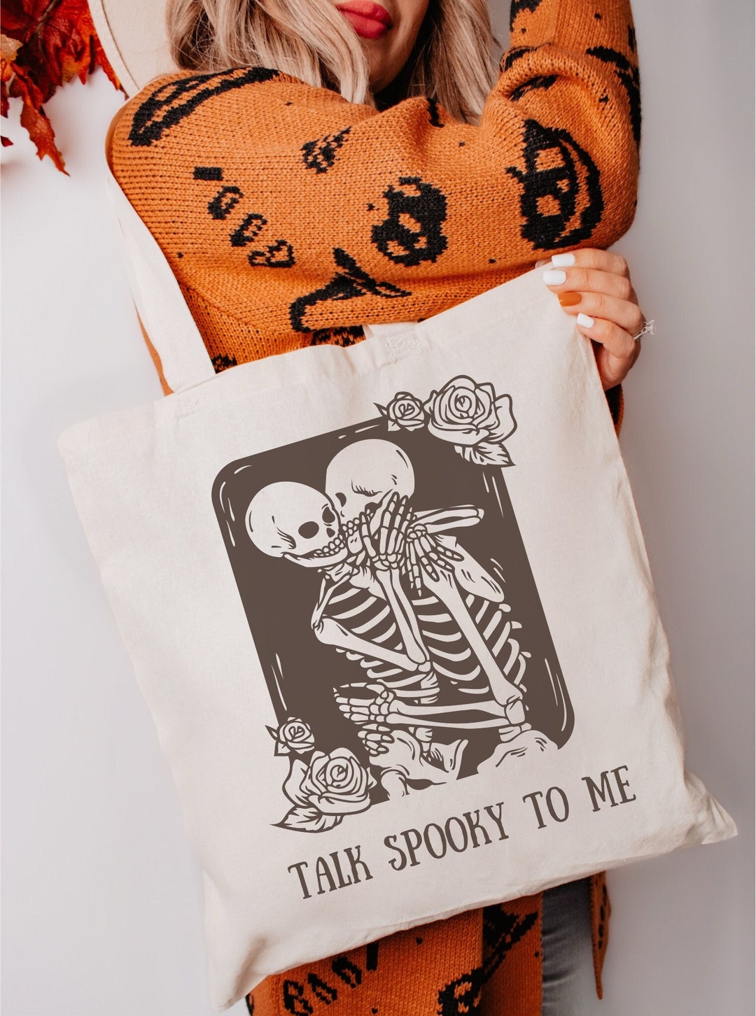 Linlina Skull Tarot Card Canvas Tote Bag - White Aesthetic Shoulder Bag For Women