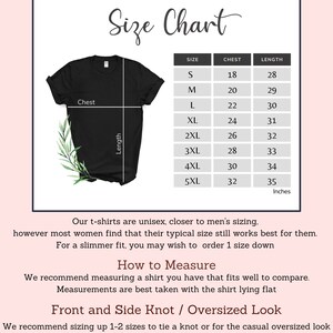 May include: A black t-shirt with a size chart, chest and length measurements in inches. The chart includes sizes S to 5XL, with chest measurements from 18 to 32 inches and lengths from 28 to 35 inches. Text advises on how to measure and sizing.