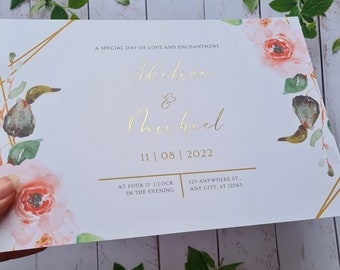 Personalised foiled wedding invites, A5, floral design