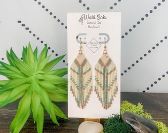 Seed Bead Statement Earrings, Brick Stitch w/ Fringe - 14k Gold Filled Ear hooks (Sea Green + Gold)