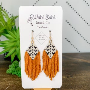 Mudcloth Seed Bead Fringe Earrings, Handmade, Beaded Statement Jewelry - 14k Gold Filled Earwires (Burnt Orange, Black and White)