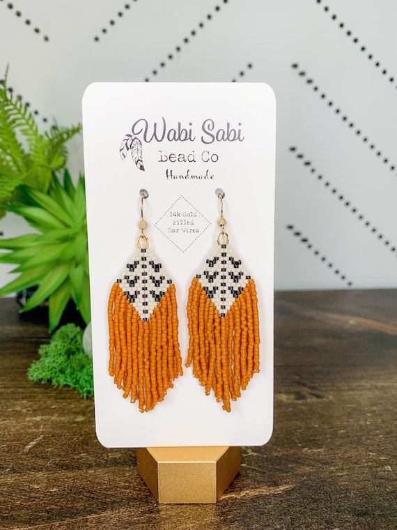 Mudcloth Seed Bead Fringe Earrings, Handmade, Beaded Statement Jewelry  14k Gold Filled Earwires (Burnt Orange, Black and White)