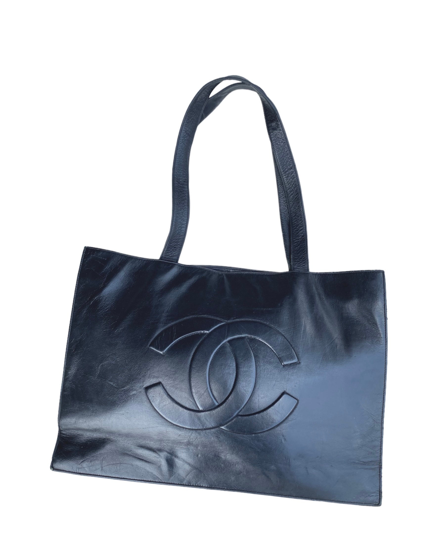 Vintage Chanel Tote Bag Black Leather Etsy