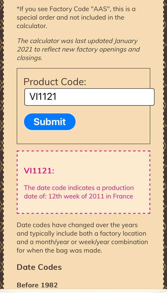 Louis Vuitton date code calculator