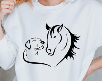 Dog Lover Sweatshirt, Horse Dog Lover Sweatshirt, Horse Lover Gift, Heart Dog Horse Sweater, Pet Friendship Sweatshirt, Pet Lover Sweatshirt