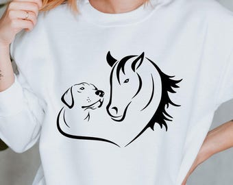 Dog Lover Sweatshirt, Horse Dog Lover Sweatshirt, Horse Lover Gift, Heart Dog Horse Sweater, Pet Friendship Sweatshirt, Pet Lover Sweatshirt