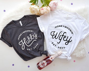 Personalize Hubby Wifey Shirt, Cute Honeymoon Shirts, Couples Shirts, Engagement Gift For Bride, Trendy Groom Wife Shirt, Wedding Party Tees