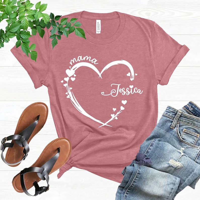 Personalized Mama Heart Shirt, Custom Mom Heart Tshirt, Shirt With Kids Names, Mom Gift From Kids, Birthday Gift For Mom, Mother's Day Gift image 1