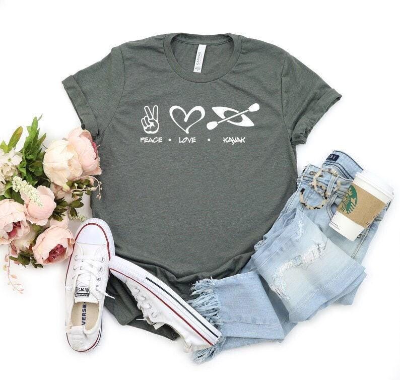 Peace Love Kayak Shirt, Kayaking Shirt, Kayak Lover Tees, Gifts for Kayak Lover, Sport Lover Shirt, Adventure T-Shirt, Shirt for Kayak Lover image 1