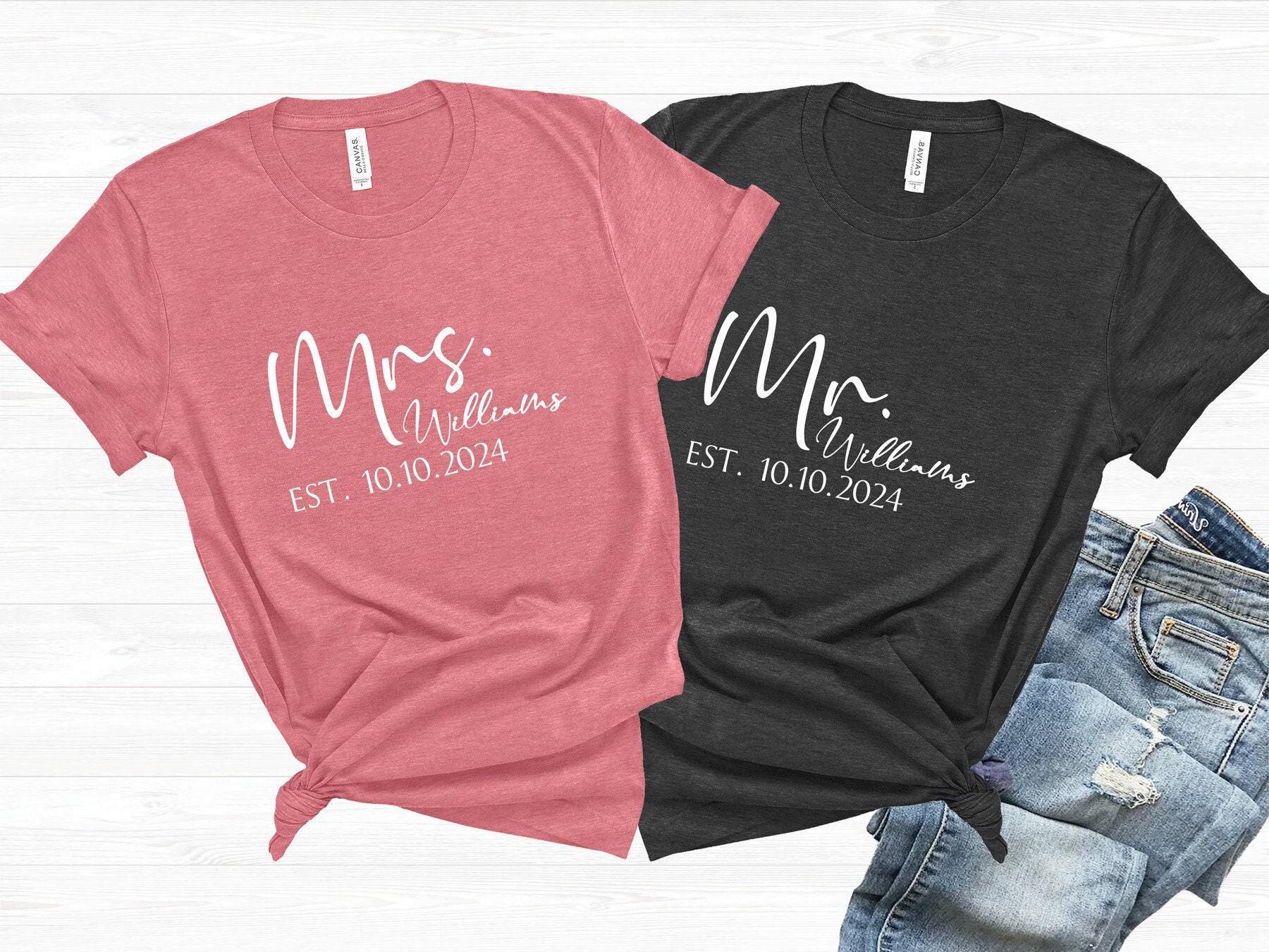 Mr Mrs Est. Personalized Name & Date TShirt, Wife and Husband Shirts, Honeymoon Shirt, New Wife Tee, Custom Couple Tee , Just Married Shirt