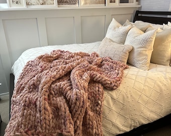 Chunky Knit Blanket - Pink/Creme/Dusty Rose, Chenille - Size 60”x60”