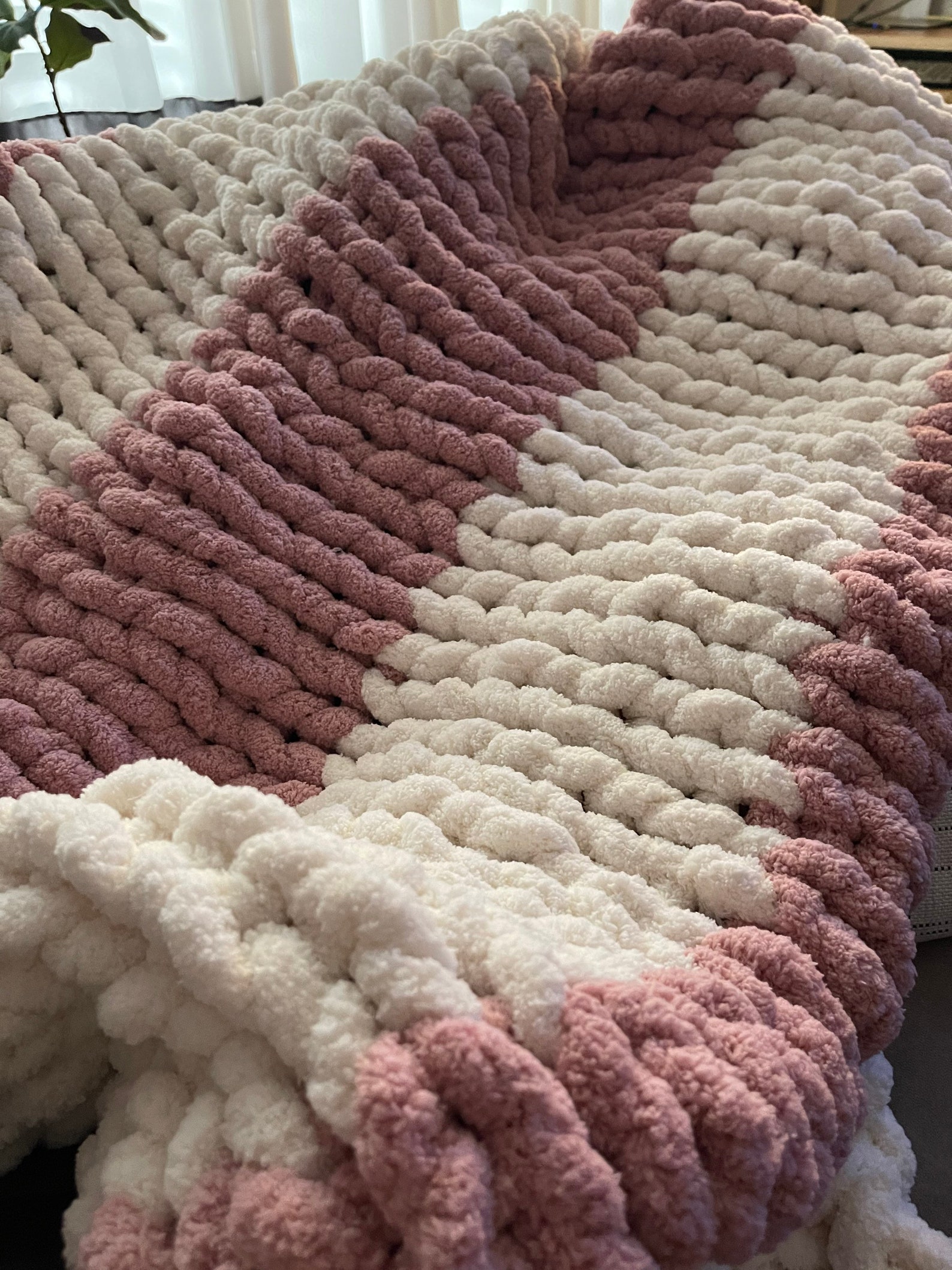 Chunky Knit Striped Blanket Pink & Creme/Off White Stripe Etsy