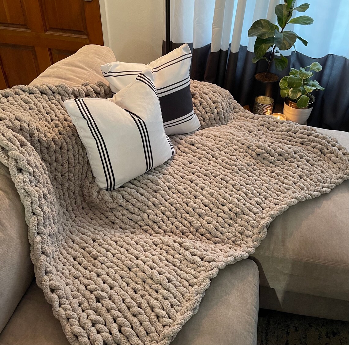 Chunky Knit Blanket Light Grey Chenille Size 60x55 Etsy