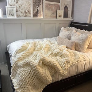 Chunky Knit Blanket - Creme, Off-White, Ivory Chenille  - Size 60”x55”