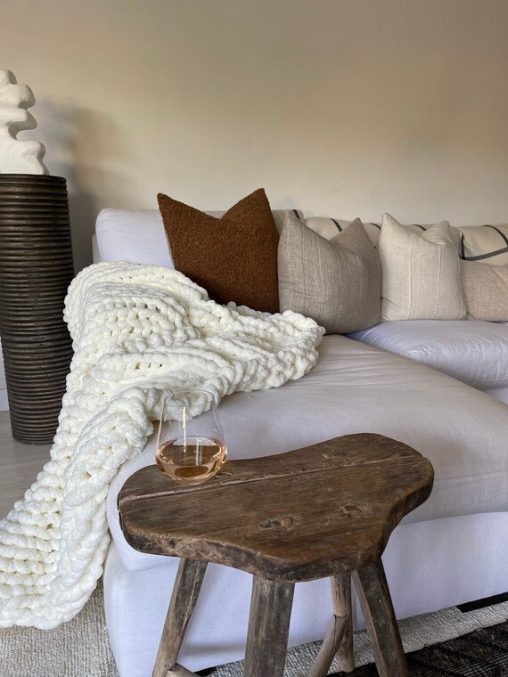 Chunky Knit Blanket Creme Off white Ivory Chenille Size 60x55 Etsy