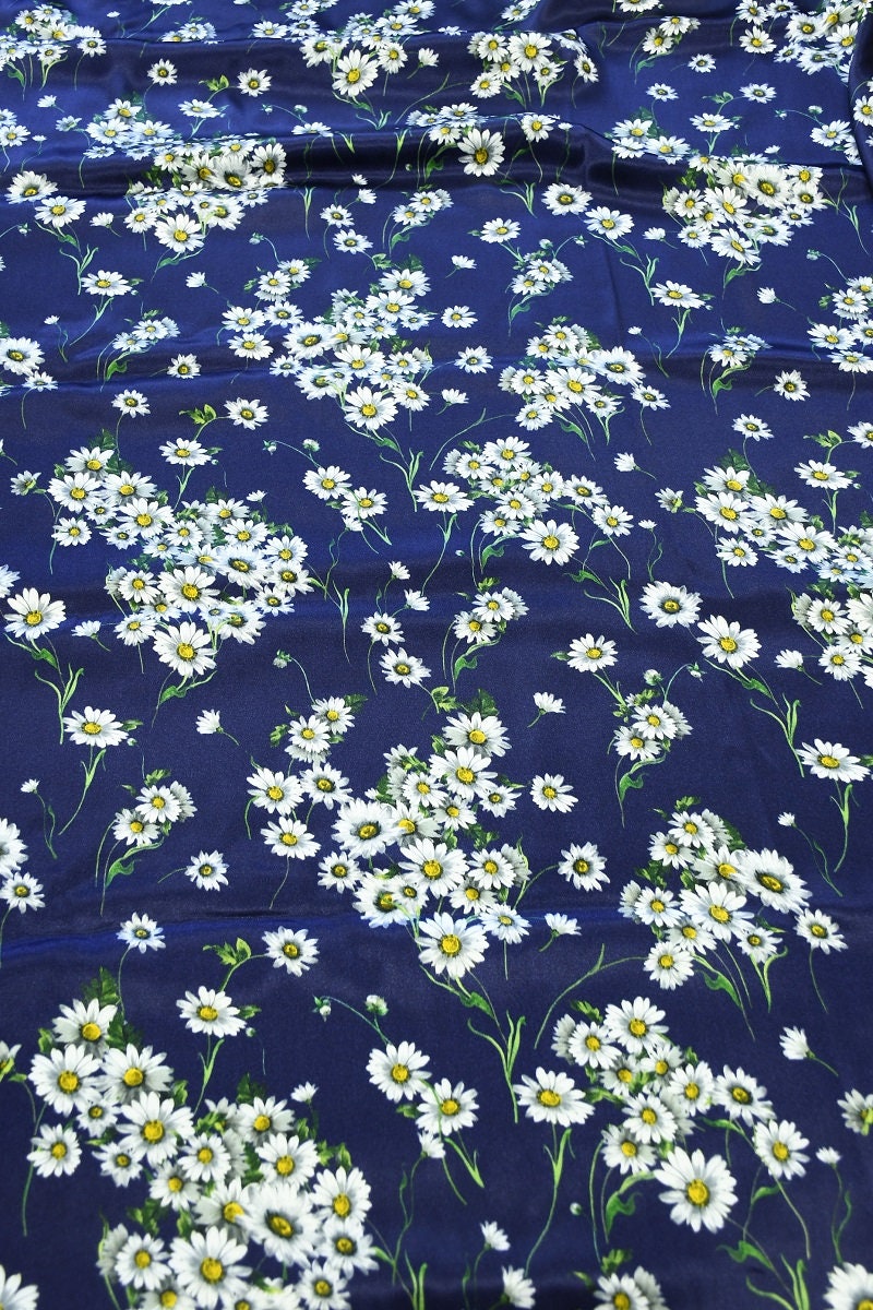 Satin silk blue daisies flowers print Silk Daisies blue fabric Etsy
