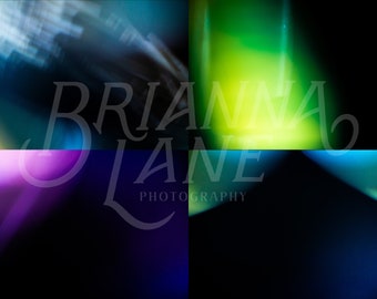 May include: Abstract art photograph with four sections of blurred light in blue, green, purple, and blue. The text "Brianna Lane Photography" is in the center of the image.