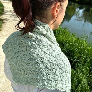 May include: A light green crocheted shawl with a scalloped edge. The shawl is worn over a white shirt. The image is taken outdoors, with a pond and greenery in the background.