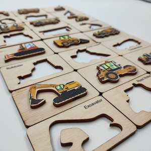 Montessori Educator Puzzle -Playing as a jigsaw , Playdough stampers, writing skills Wooden, Stencils Set, Construction Truck Find and Plug