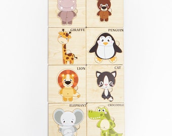 Ensemble de puzzle Montessori en bois avec noms d'animaux, planche pour tout-petits, jouets d'apprentissage éducatifs, animaux des bois, nouveaux cadeaux de Noël, baby shower personnalisé
