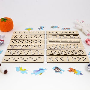Montessori Schablonen Set, Schreibfertigkeiten Holzschablonen Set, Vorschule Homeschool Arten von Linien Schablonen, Handschrift Muster, Waldorf Spielzeug