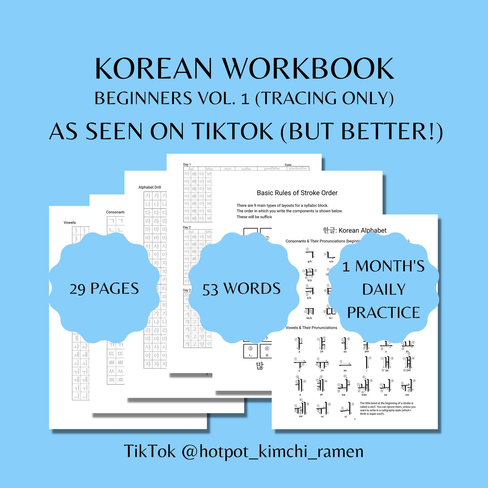 Korean/Hangul Workbook Tracing-Only Handwriting &amp; Vocabulary | Etsy
