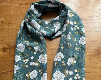 100% Mulberry Silk white Rose pattern Scarf, celadon classic flower pattern Scarf, Gift for Mum,  140cm*35cm