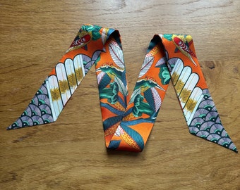 100% Mulberry Silk Scarf, Short skinny scarf, Hair scarf, scarf for bags,  Boheimian Tree and Bird Pattern Scarf,88cm*5cm