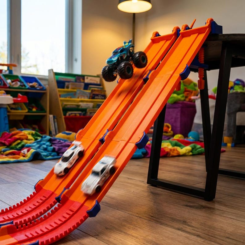 K&ouml;nnte beinhalten: Eine orangefarbene und rote Spielzeug-Rennstrecke mit drei Spuren. Ein blauer Monstertruck befindet sich oben auf der Strecke, und zwei wei&szlig;e Rennwagen sind unten. Die Strecke wird von einem schwarzen Tisch getragen.