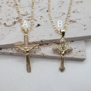 Antiqued Gold Trinity Crucifix Pendant and Necklace Antique -  Portugal