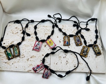 Black cord Scapular bracelet, 7 knots, different saints, string bracelet