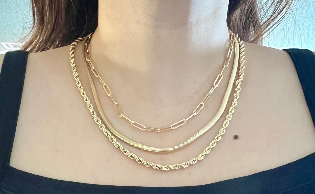Layered Chain Set of 3: Style A, 18k Gold Filled, Paper Clip, Rope ...