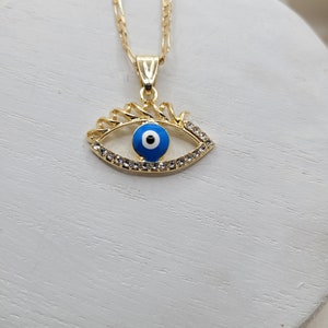 Evil Eye w/Lashes necklace, 18k gold filled, blue