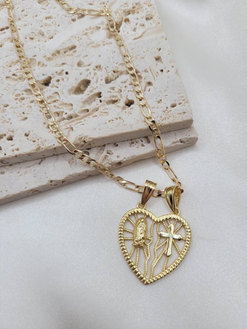 Heart Virgin Mary and Cross 18k Gold Filled Pendant Necklace - Etsy