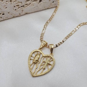 Heart Virgin Mary and cross 18k gold filled pendant necklace