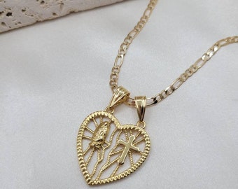 Heart Virgin Mary and cross 18k gold filled pendant necklace